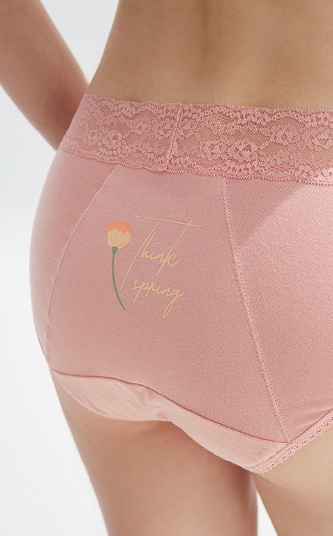 SPRING • Mid Rise Cotton Lace Waist Menstrual Brief Panty - Peach Fleur 