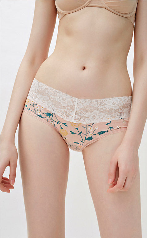 Spring Garden  • Mid Rise Cotton V Lace Waist Brief Panty - Peach Fleur 